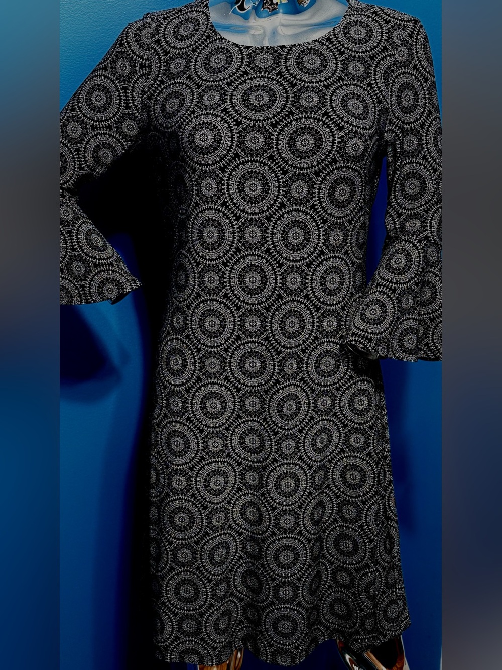 Tommy Hilfiger Black and White Mandala Bell Sleeve Dress S
